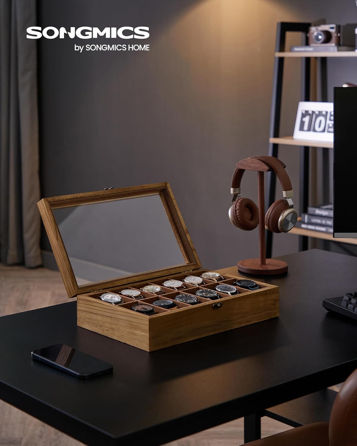 Detalle 2 de SONGMICS Caja para relojes 12 compartimentos Nogal