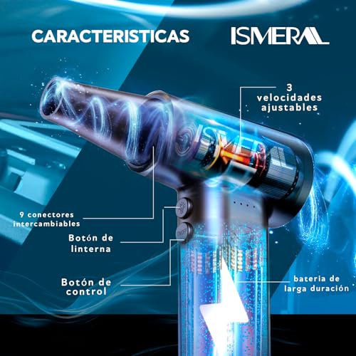 Detalle de ISMERAL Soplador de Aire Potente 150000 RPM – Pack completo (6000 mAh, 9 boquillas)