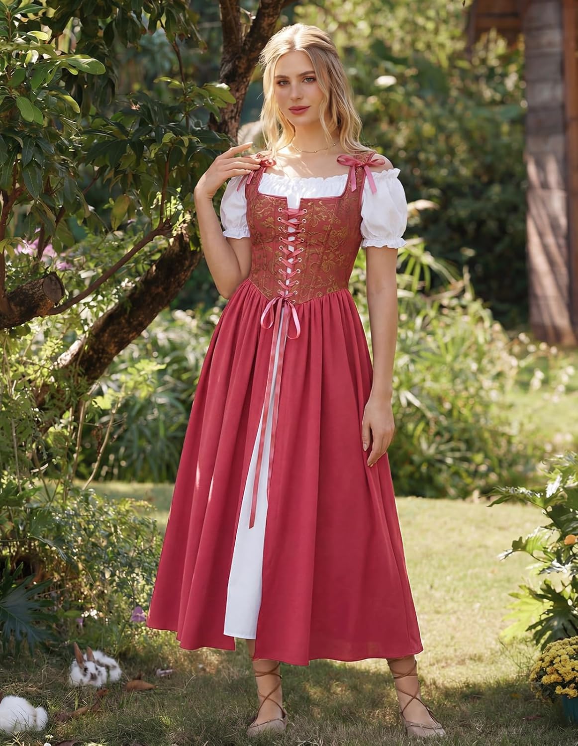 Detalle 2 de Scarlet Darkness Renaissance Costume Dress with Lace-Up Corset, Embroidery & Pockets