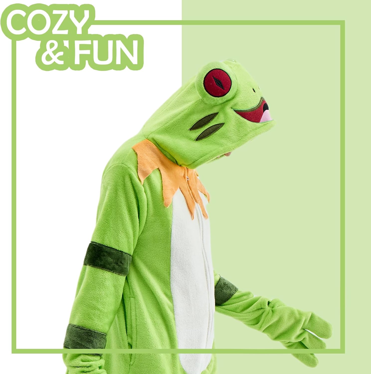 Detalle 2 de NEWCOSPLAY Frog Onesie Pajamas with Flannel, 3D Hood, Zipper and Pockets