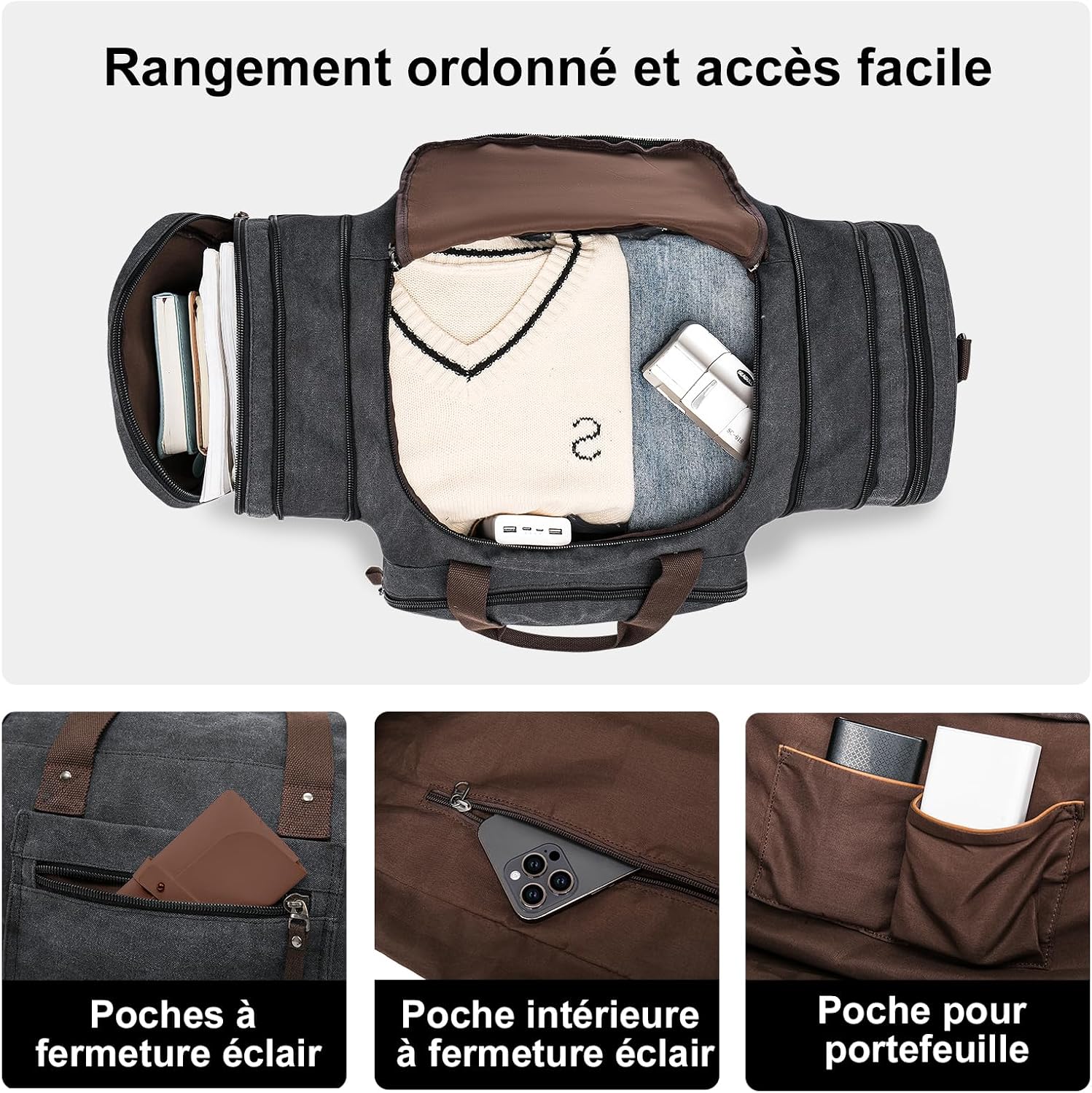 Detalle de EKOROMIER Grand sac de voyage en toile extensible 70L pour homme – weekend bagage grande capacité