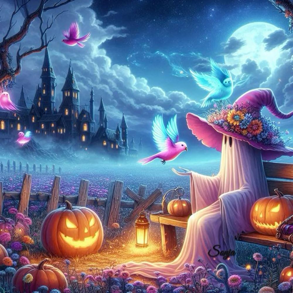 Detalle de WUSARPLY Halloween diamond painting kit, 13.8-inch canvas