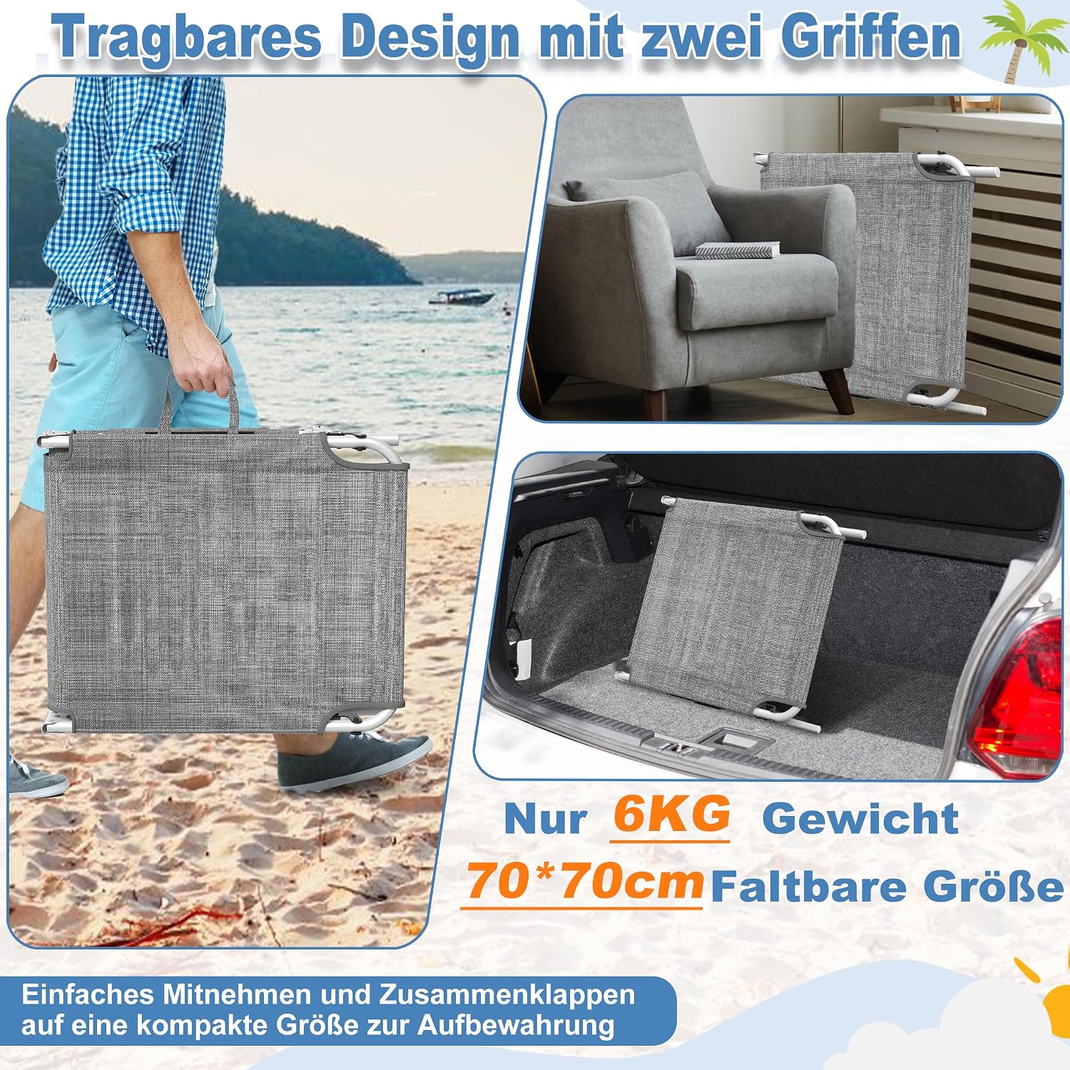 Thumbnail 6 de AufuN Sonnenliege Klappbar mit Dach und Seitentasche – 195x68 cm, Grau