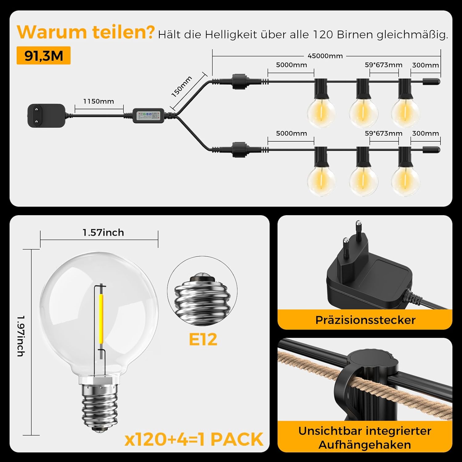 Thumbnail 1 de LED-Lichterkette für außen: 91,3 m Stromkette mit 120× G40, App & Fernbedienung, dimmbar (IP44)