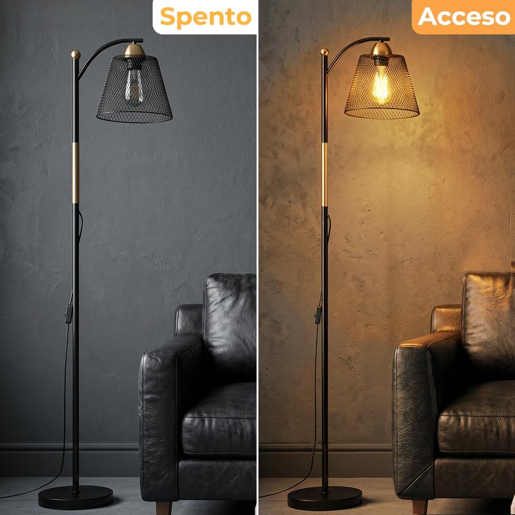 Detalle 2 de OUSFOT Lampada da Terra E27 230V – Nero e Oro, 40W, stile Industriale per Uffici, Soggiorni e Camere (Senza lampadina)