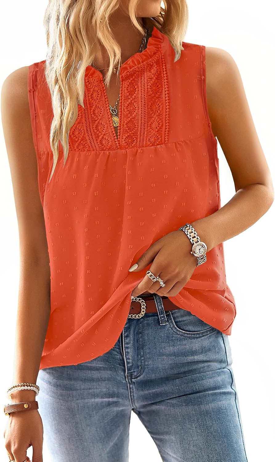 Thumbnail 6 de Falechay Women's Swiss Dot Lace Babydoll Tank Top, Sleeveless V-Neck