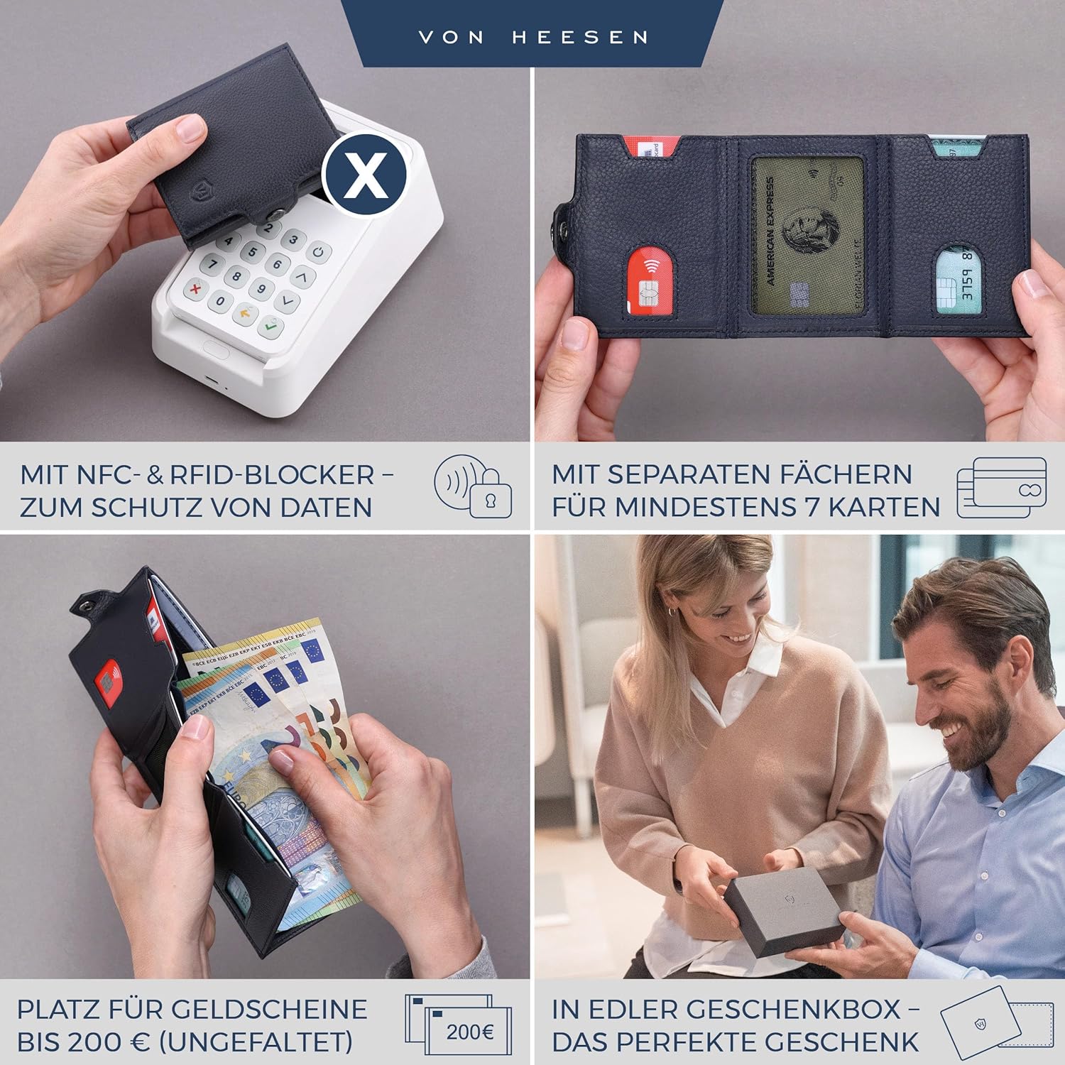 Thumbnail 1 de VON HEESEN Slim Wallet mit XL Münzfach & RFID-Schutz – Mini Geldbörse aus Nappa-Leder, Blau