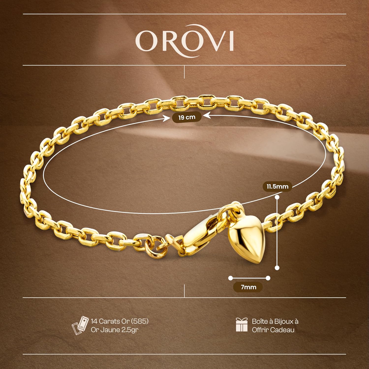 Detalle de Orovi Bracelet femme en or jaune 14 carats (585) – chaîne avec cœur, 19 cm