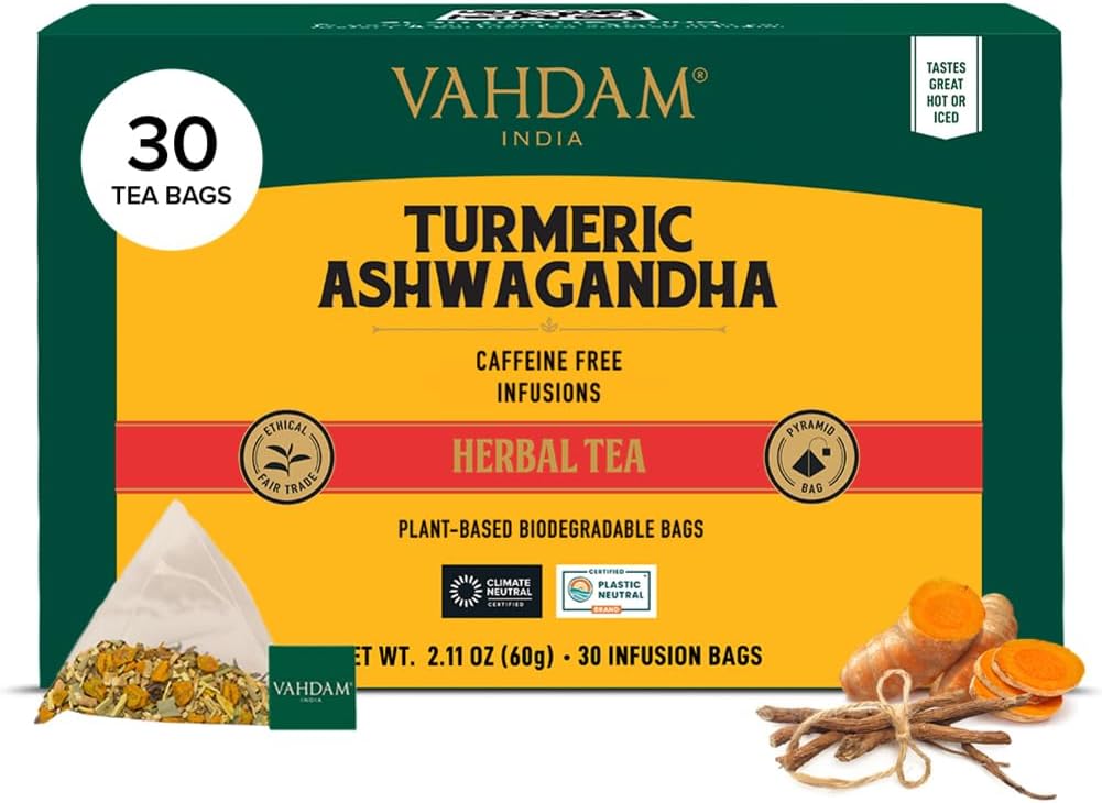 VAHDAM Tisana Curcuma e Ashwagandha, 30 bustine piramidali senza caffeina