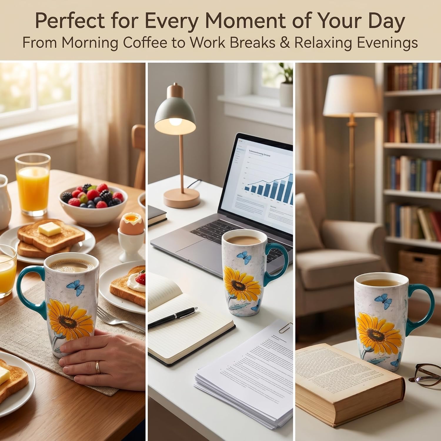 Thumbnail 6 de Topadorn Ceramic Travel Mug with Spill-Resistant Lid, 17oz (500ml) in Blue Daisy Print