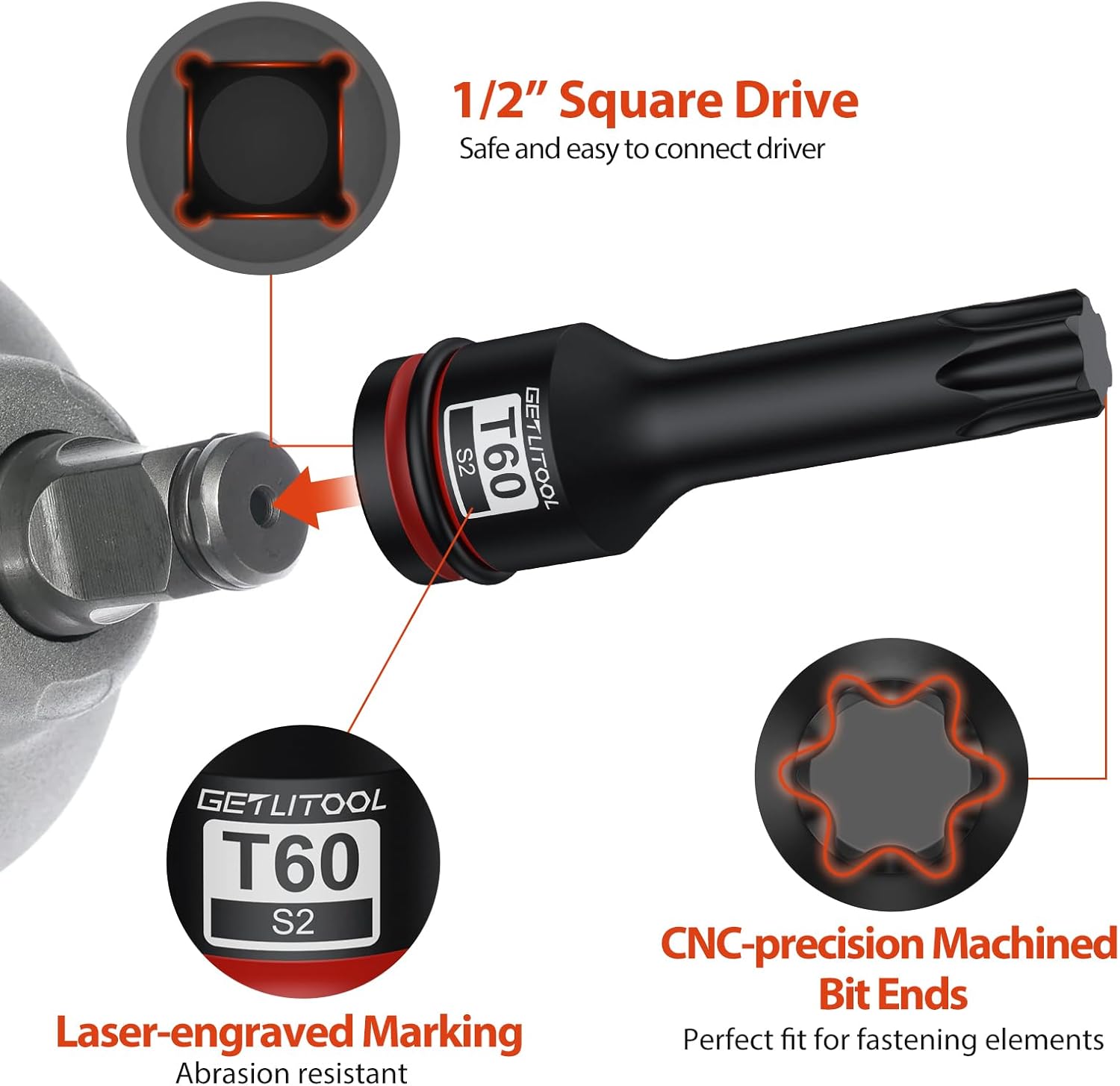 Thumbnail 3 de GETLITOOL 1/2" Kraft-Schlagschrauber-Nüsse Satz (8-tlg) S2 Torx T30–T80 mit 78 mm Bits