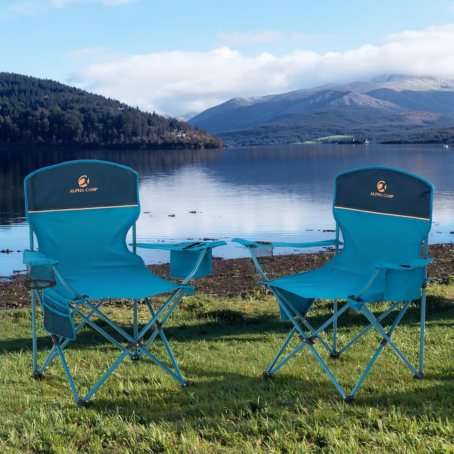 Thumbnail 1 de ALPHA CAMP Set of 2 Folding Camping Chairs with Cooler Bag and Cup Holder