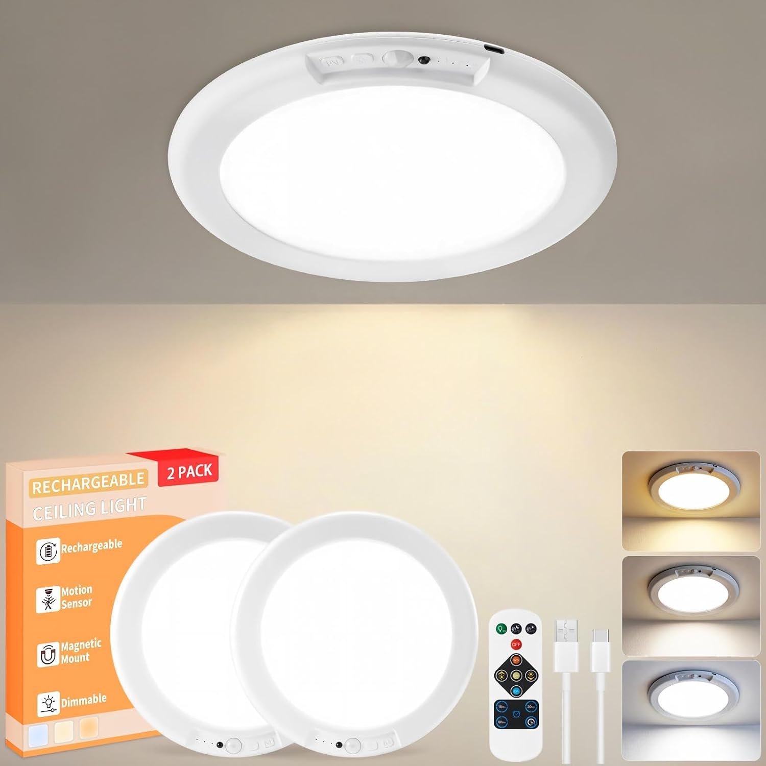 Detalle de KYEKIO T070 Rechargeable LED Ceiling Lights, 2-Pack with Motion Sensor