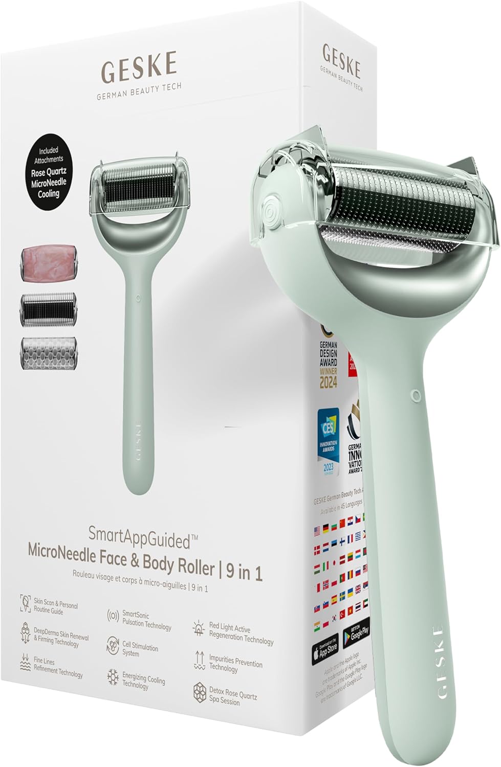 Detalle de GESKE SmartAppGuided MicroNeedle Roller 9 en 1: soin visage et corps avec app intelligente et accents quartz rose