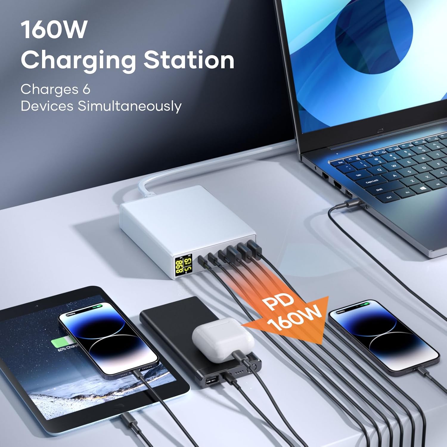Detalle 2 de Cargador GaN 160W 6 puertos USB-C/A LED ⚡