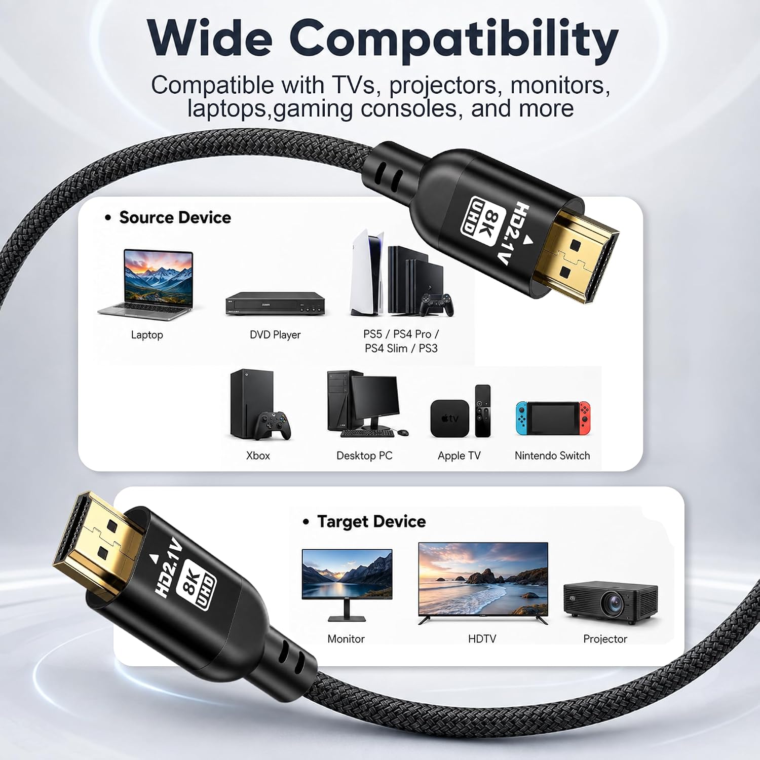 Detalle 2 de Diyanisly 4K HDMI Cable 25FT – High Speed 2.0, 4K@60Hz, HDR, Braided, 3D ARC