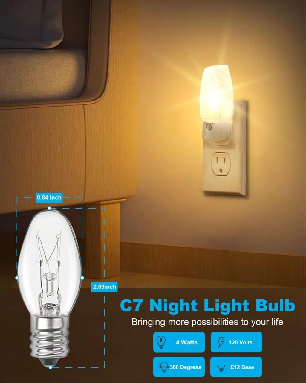 Detalle 2 de OuuKoo C7 120V 4W Incandescent Bulbs, Dimmable E12, 2700K Warm White