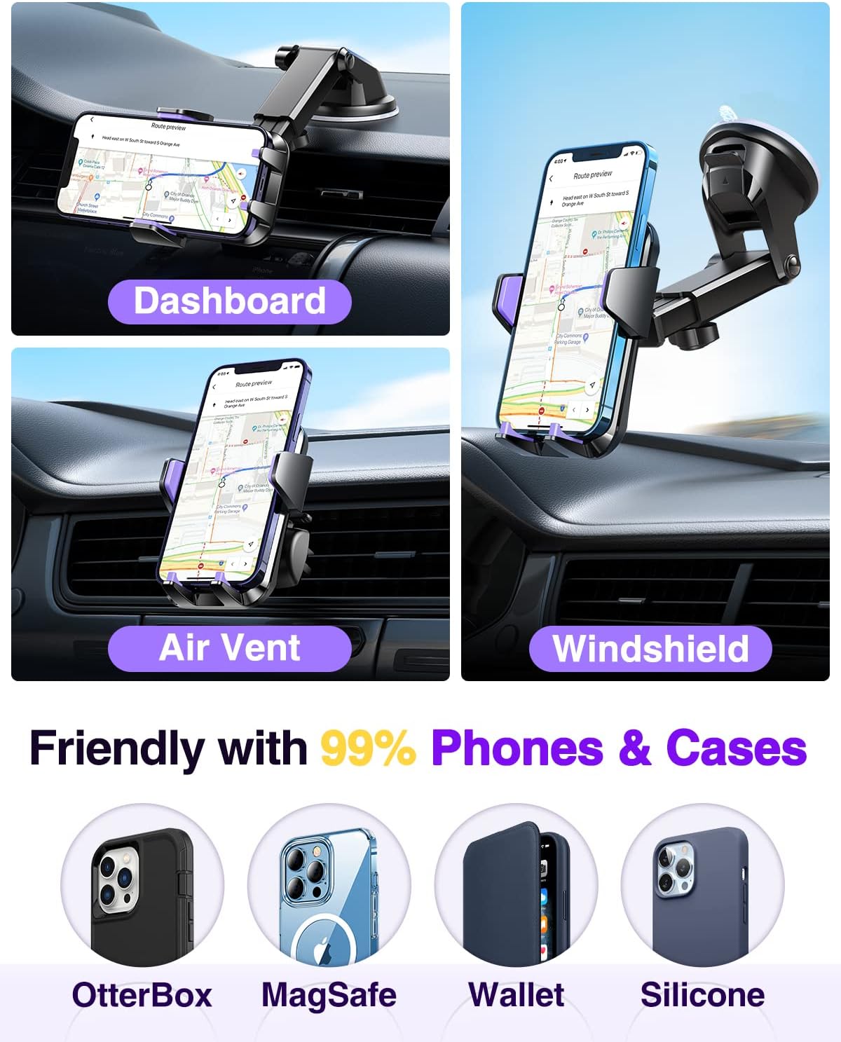 Detalle de VANMASS Handyhalterung Auto Lüftung violett 4-in-1 mit Saugnapf und flexibler Halterung