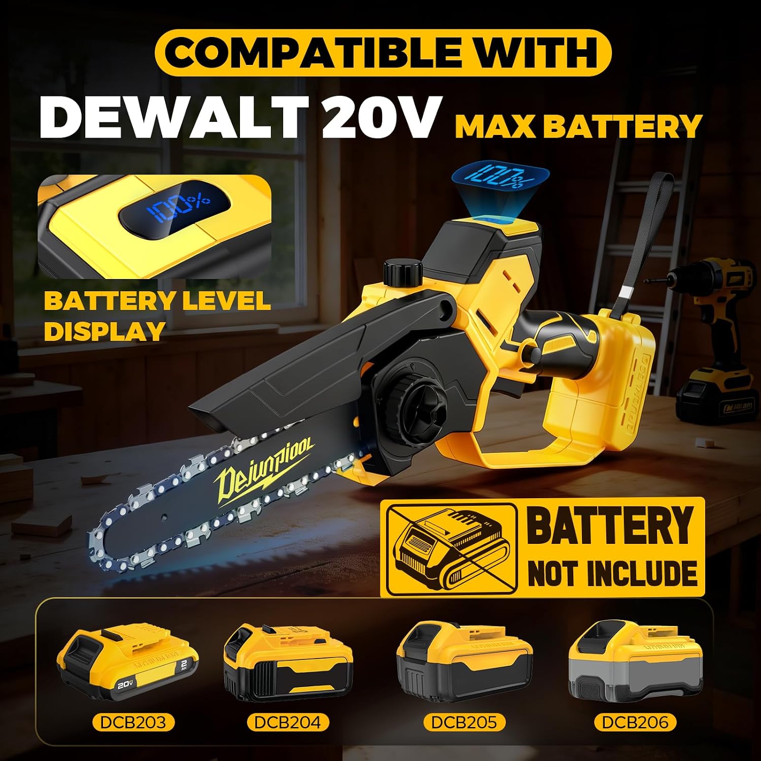 Detalle de DEJUNPIOOL JY-CH0701 Cordless Mini Chainsaw, 6- and 8-Inch, Brushless