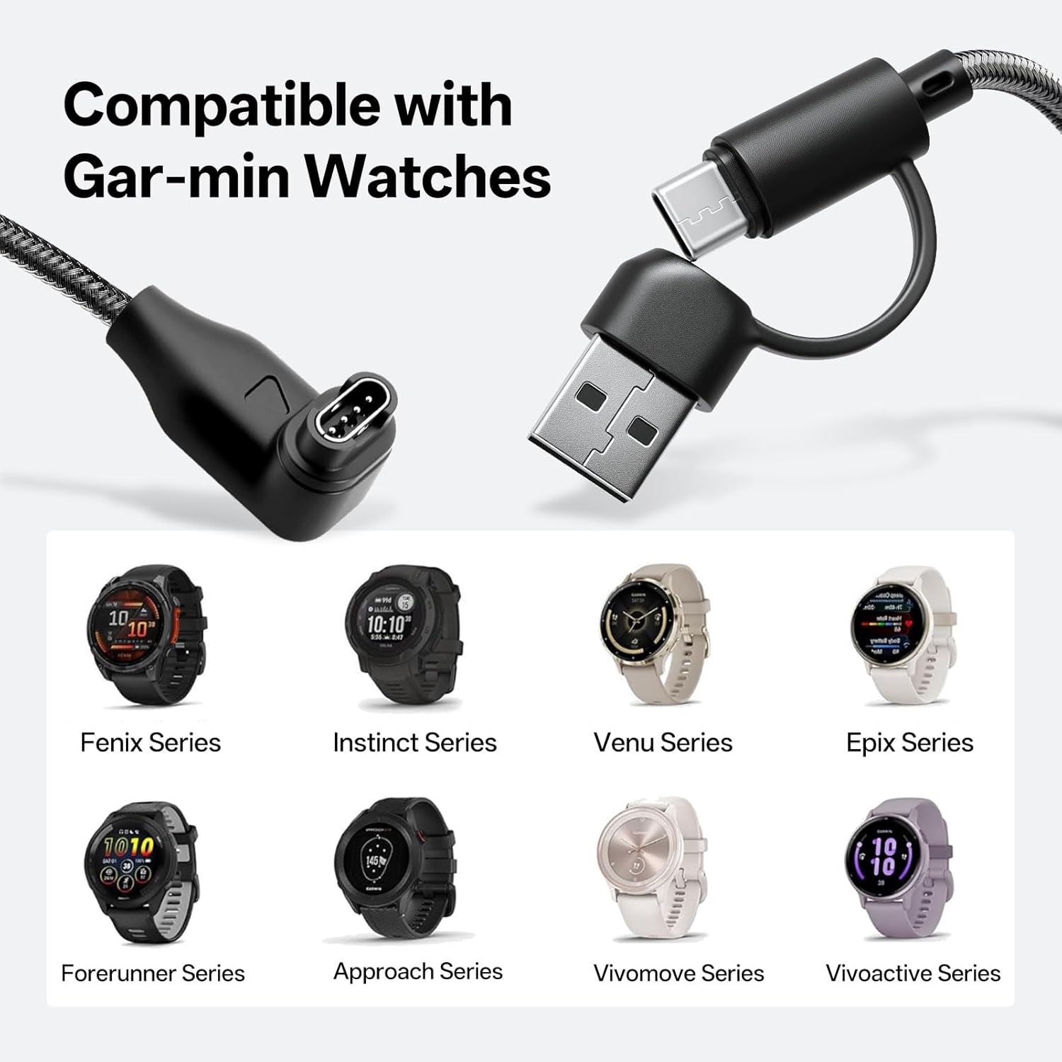 Thumbnail 6 de 2-in-1 Garmin watch charger cable with USB-A adapter (1m, USB-C) for Fenix, Forerunner, Vivoactive & Instinct