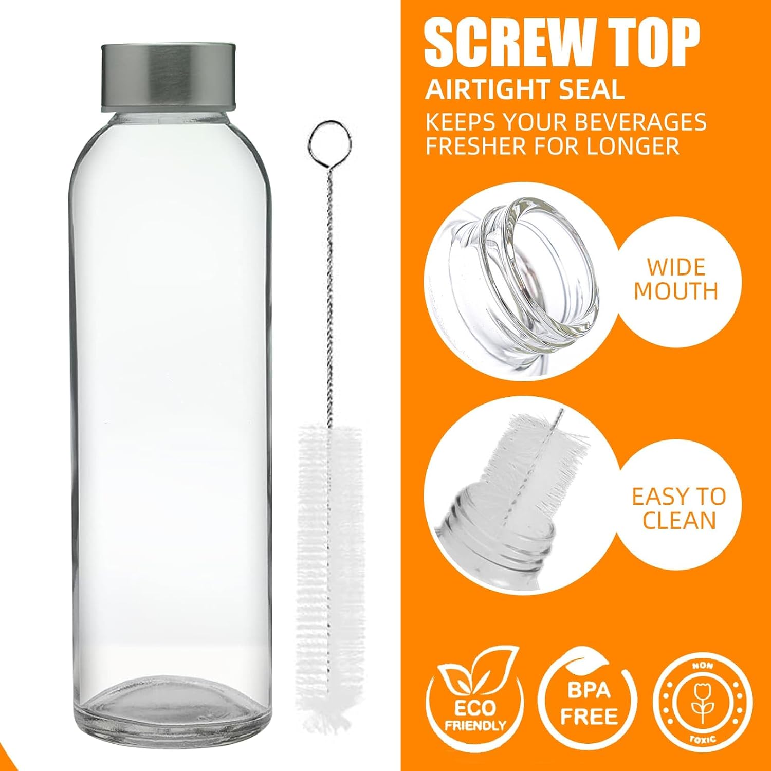 Detalle 2 de Eidoct 8pcs 500ml Glass Water Bottles with Lids (Leakproof) + Cleaning Brush