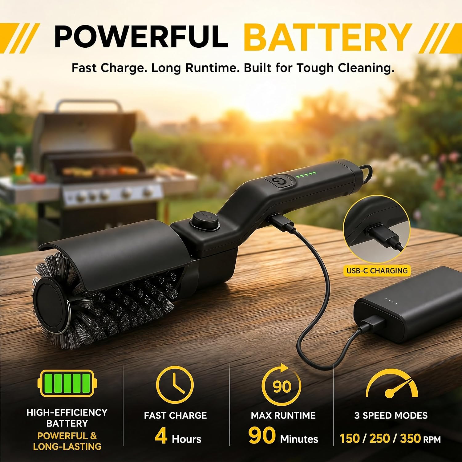 Thumbnail 5 de Spazzola elettrica per barbecue a batteria con testa orientabile 180° – Tre velocità, 90 minuti di autonomia, impermeabile