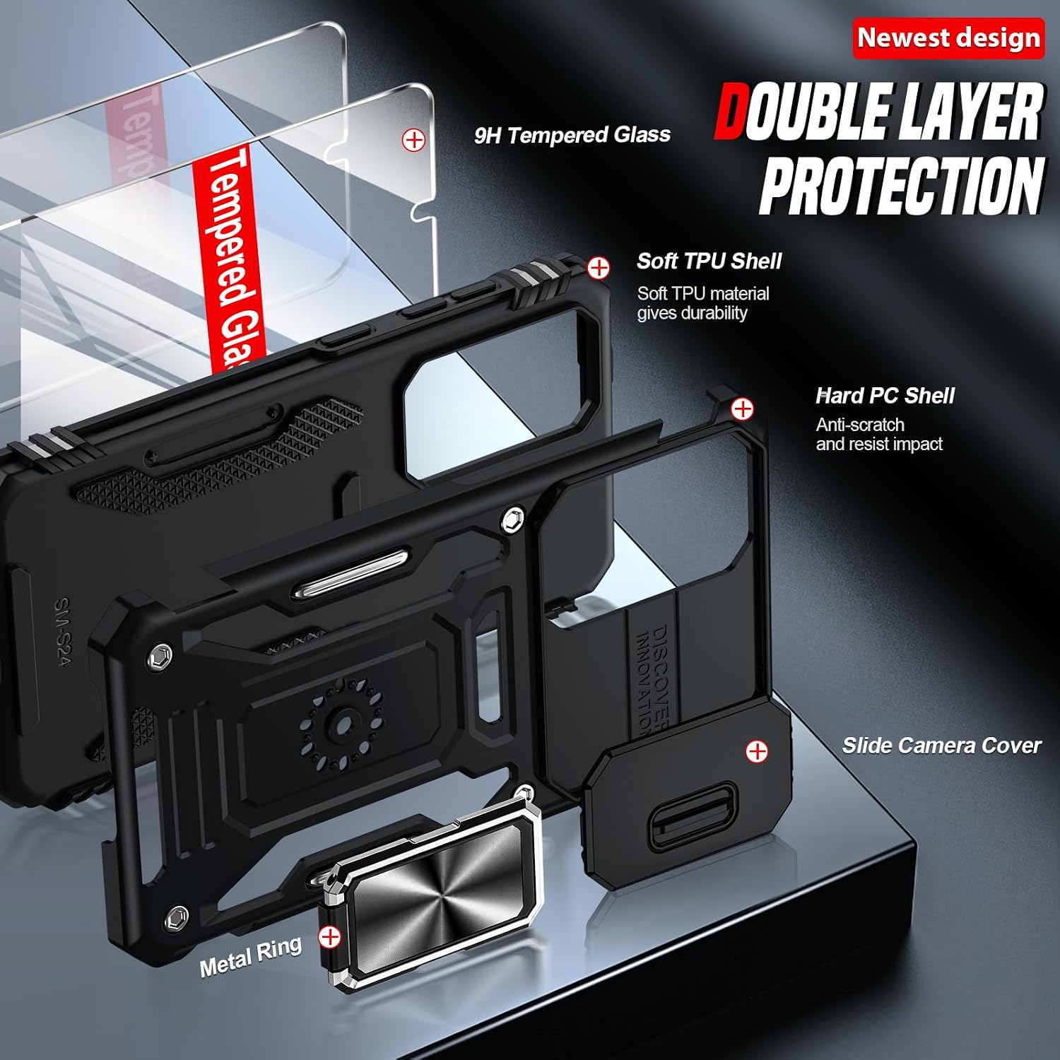 Thumbnail 2 de LeYi Galaxy S25 case with sliding camera lens cover and rotatable ring stand (black)