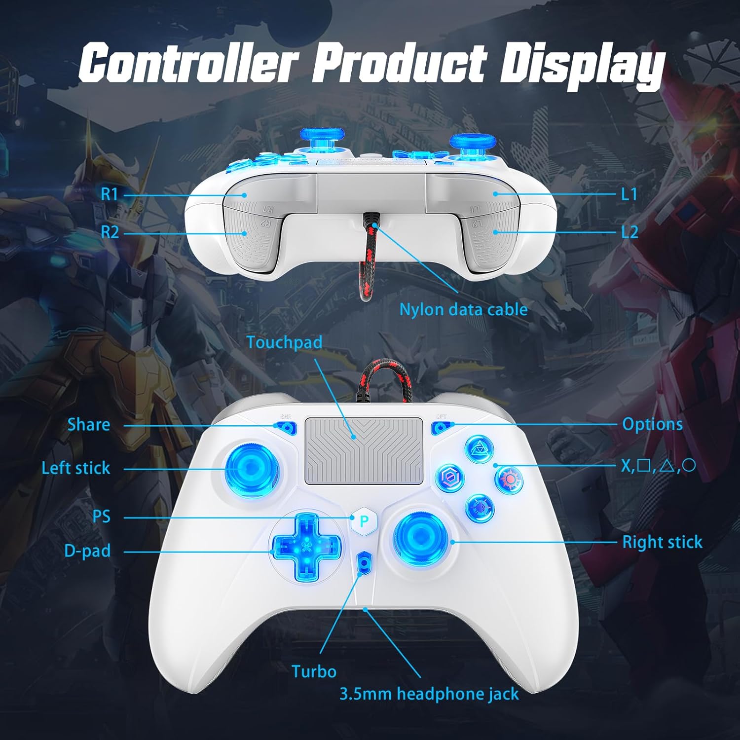 Thumbnail 6 de Gamrombo RGB Wired Controller für PS5/PS4/PC – kabelgebundener Gamepad mit Makro, Turbo, Touchpad und LED-Beleuchtung