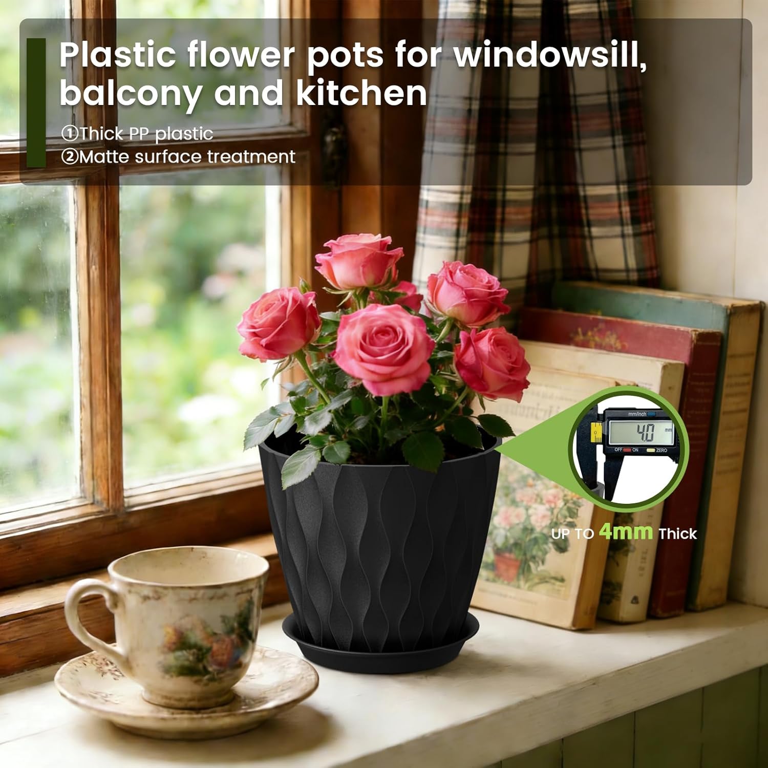 Thumbnail 3 de WSMKSZ 17.6 cm Plant Pots – 5 Pack with Drainage Holes and Saucers, 3D Wave Texture, Black