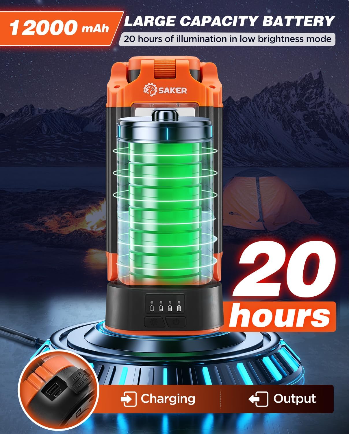 Detalle de Saker LD10-12000mAh Camping Work Light, 3,200 Lumens, Adjustable 73.2-Inch Stand