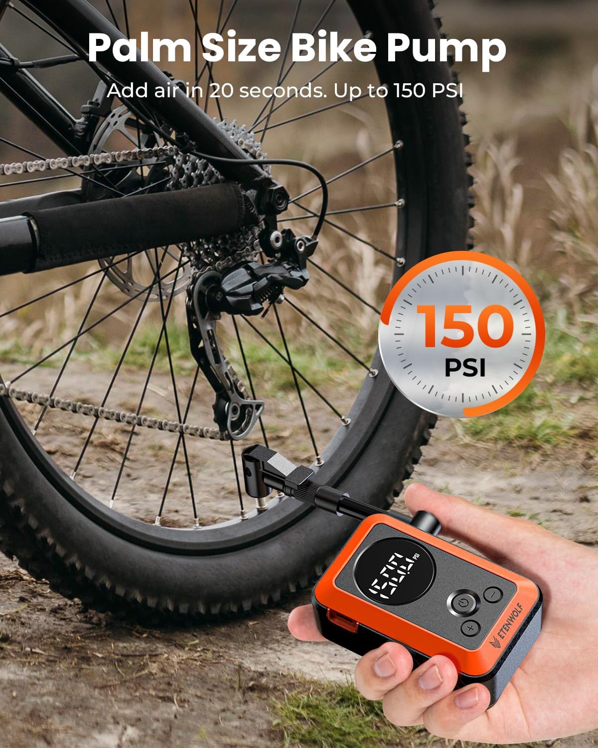 Detalle de ETENWOLF S0 Mini Electric Bike Pump, 150 PSI, Gauge, Presta/Schrader