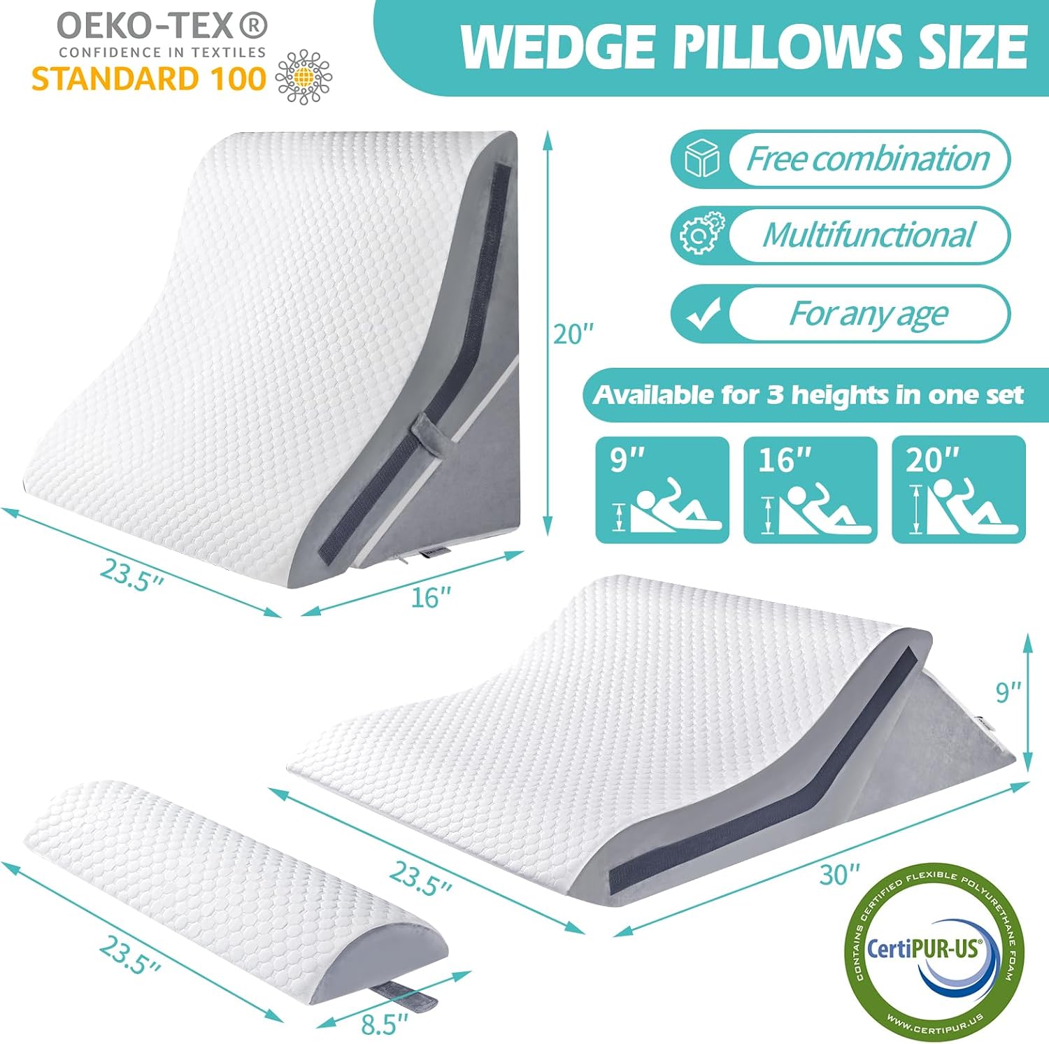 Detalle 2 de Simpledad BD-wedgepillow-gw. 1. Adjustable Memory Foam Wedge Pillow Set