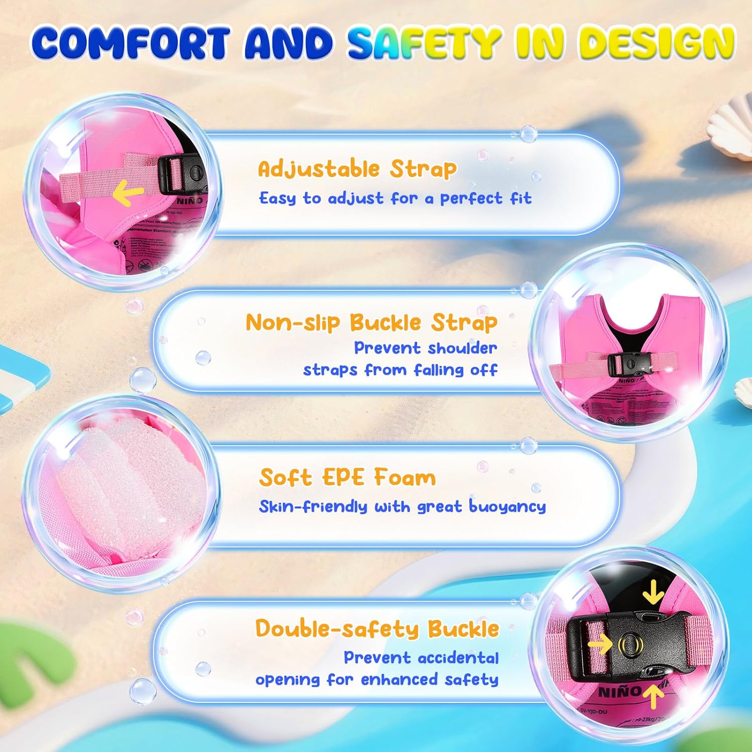Detalle de MoKo Kleinkind-Schwimmflügel mit Sicherheitsgurt – Cartoon-Trainingsweste (20–50 lbs)