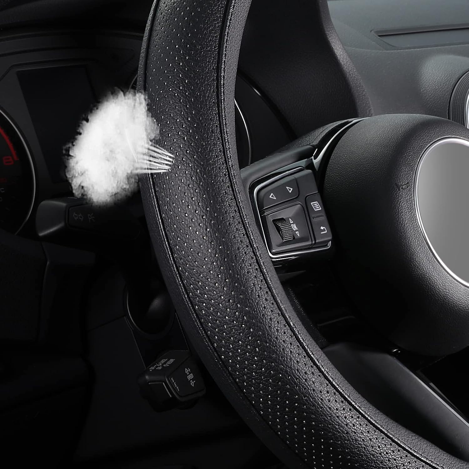 Detalle de SEG Direct Microfiber Leather Steering Wheel Cover (39.5–41 cm) – Black