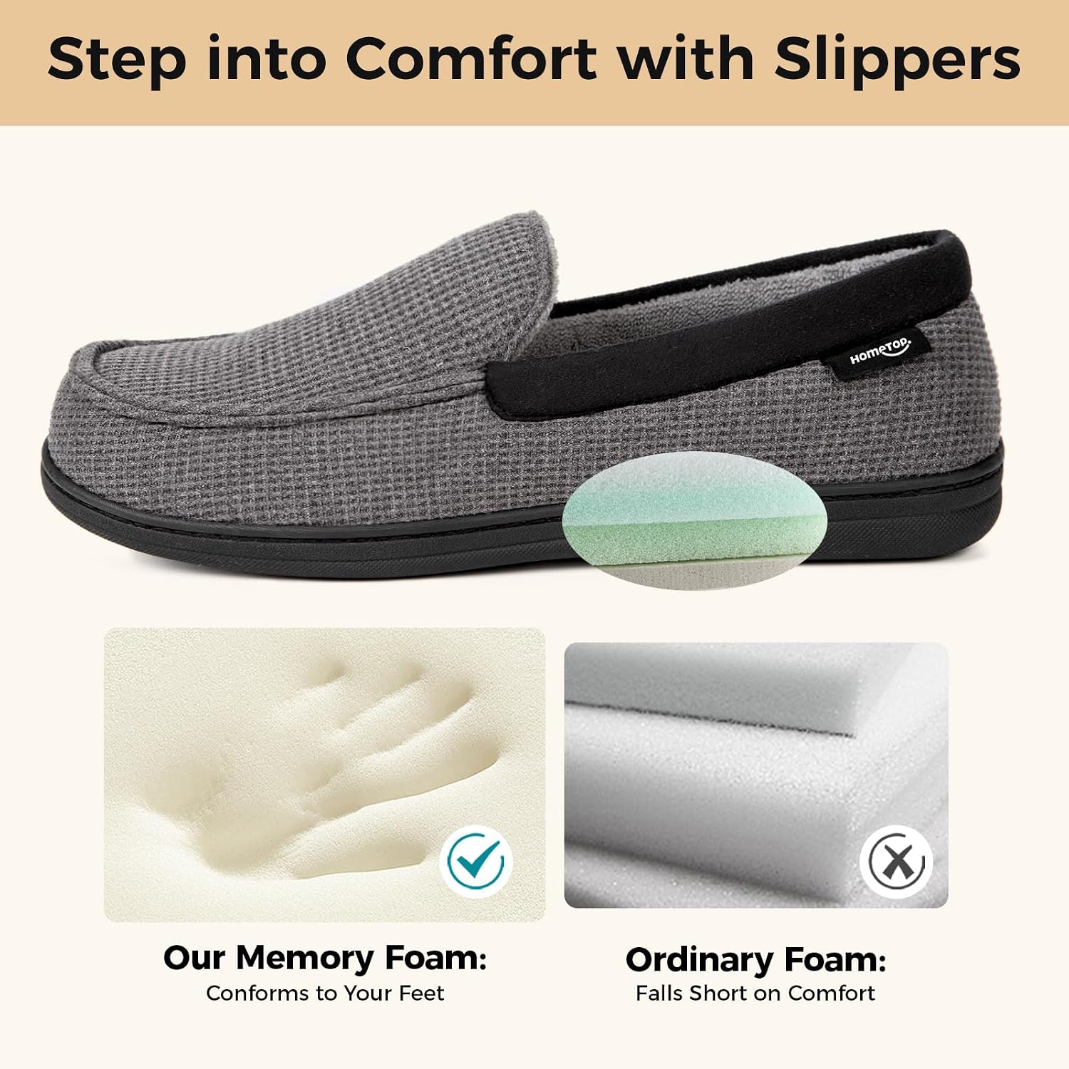 Detalle 2 de HomeTop Men’s Comfort Memory Foam Moccasin Slippers with Breathable Cotton Knit Upper