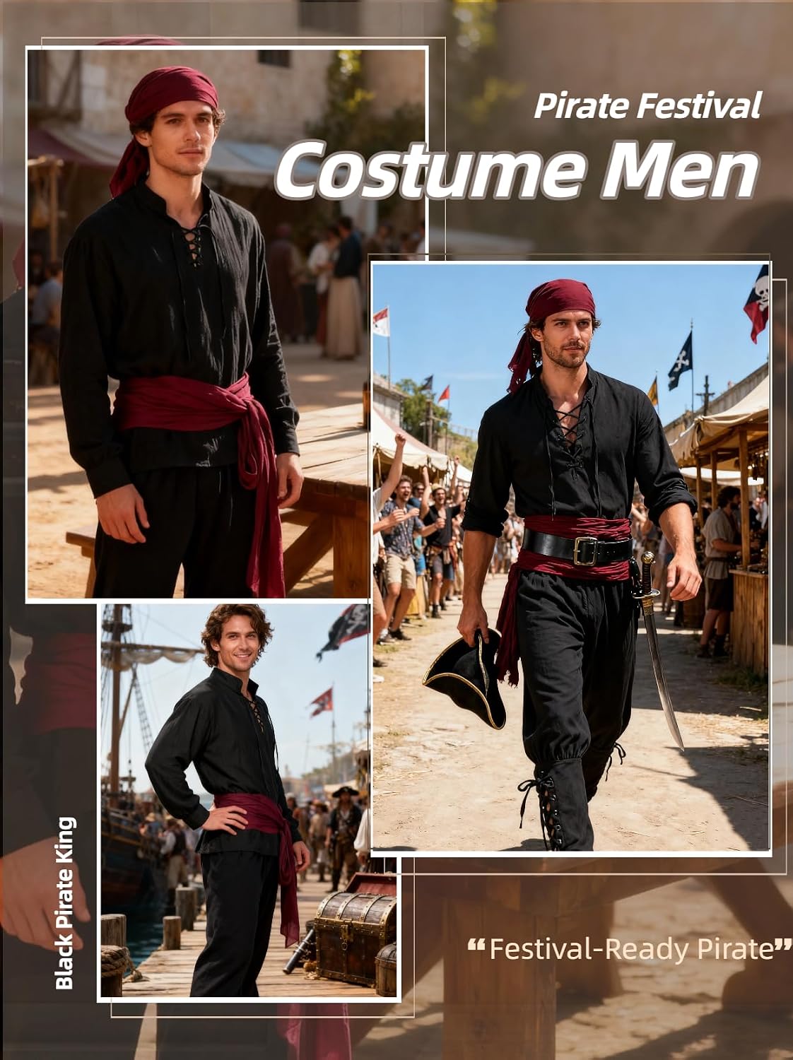 Thumbnail 6 de Men's Pirate Renaissance Costume, 8-Piece Set with Lace-Up Shirt and Sash