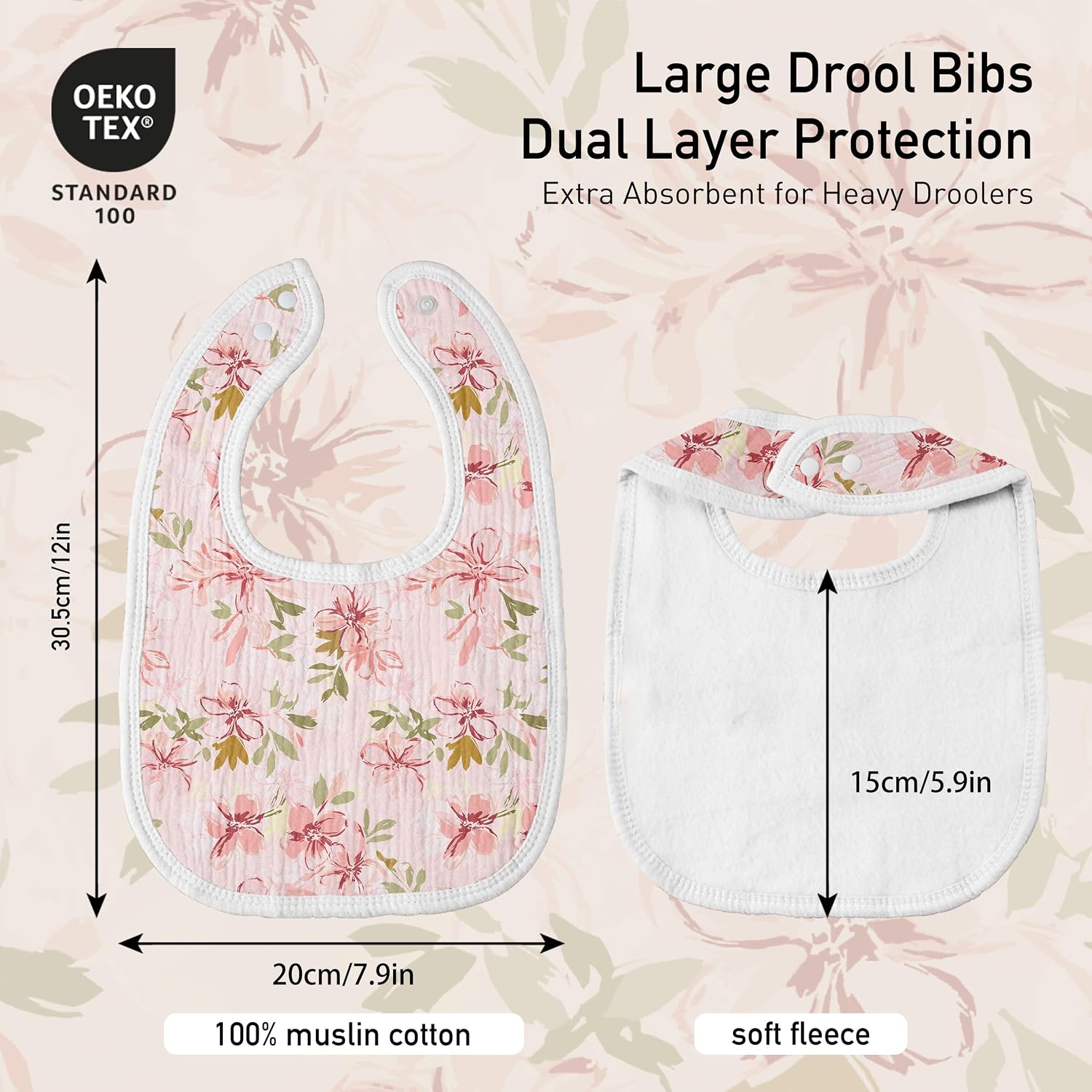 Detalle 2 de GLLQUEN BABY Muslin Baby Bibs, 8-Pack with Adjustable Snaps and Fleece Back
