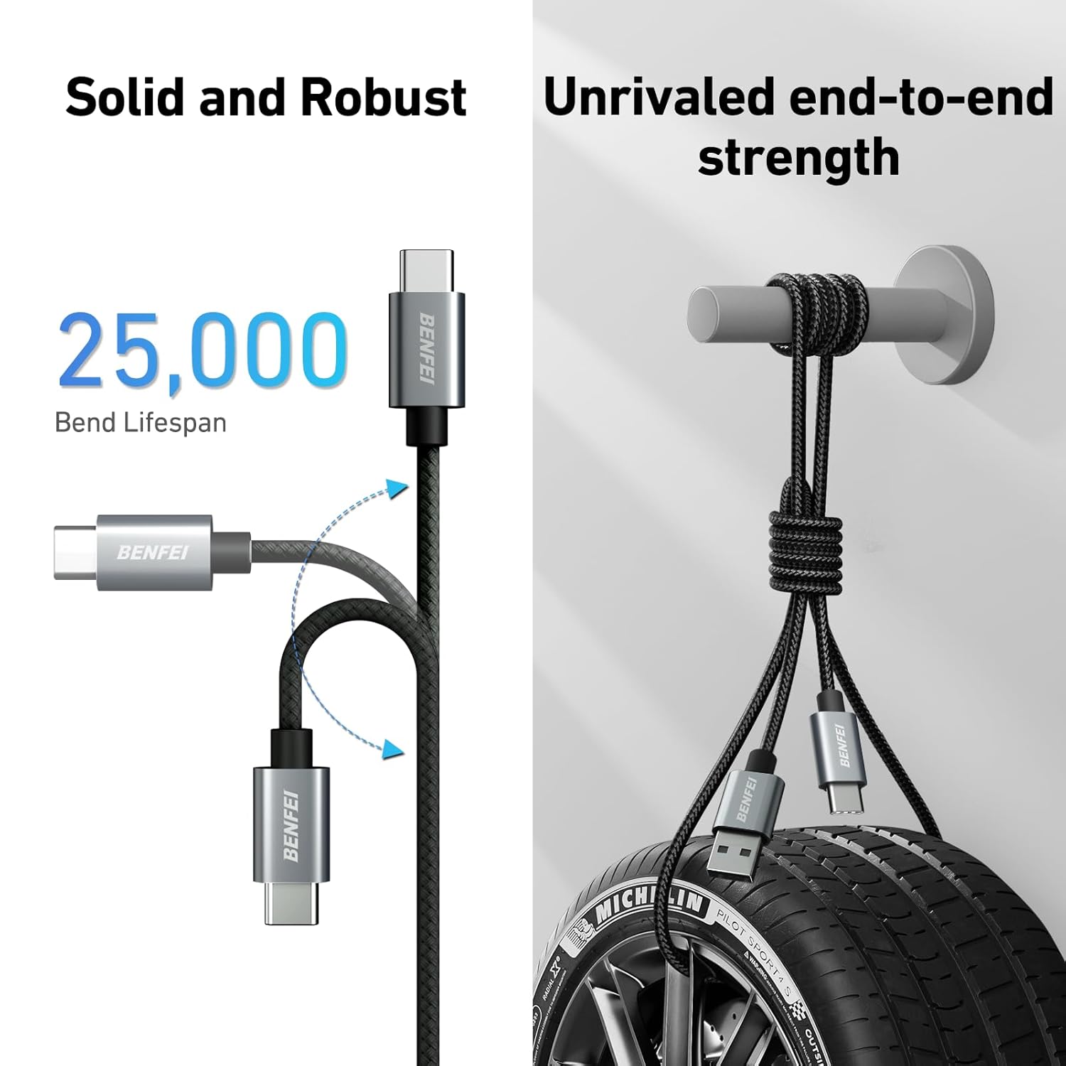 Detalle de BENFEI Silikon USB-C auf USB-A Kabel – 3 A, 2 m, gewebter Braun-/Aluminiummantel, 15 W Ladung