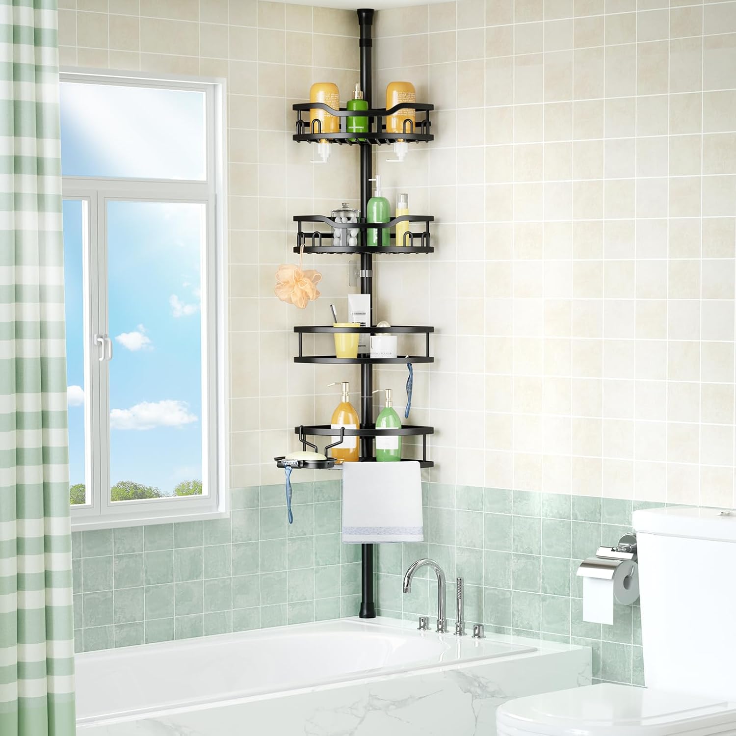 Thumbnail 6 de HAMITOR SCT05 Corner Shower Caddy, 4-Tier Adjustable Tension Pole, Black