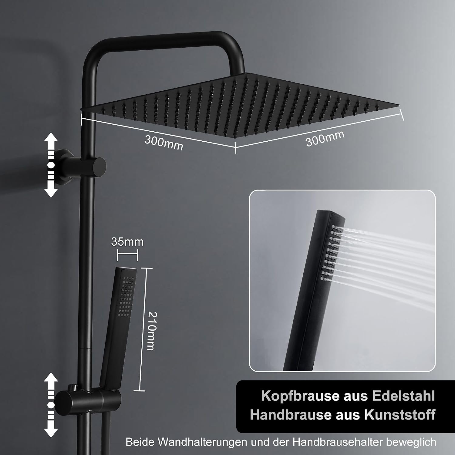 Detalle de Görbach Colonna Doccia in Acciaio Inox senza Miscelatore con Soffione 30×30 cm, asta regolabile e mensola, set doccia a pioggia Nero