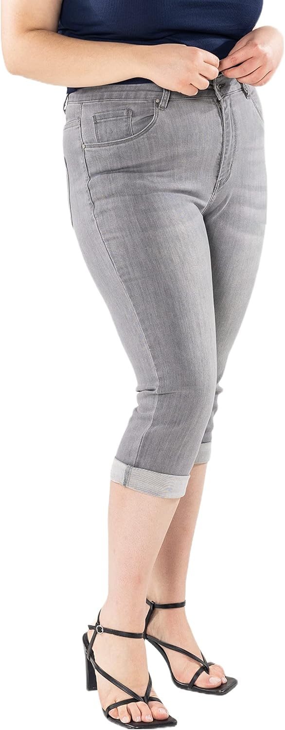 Detalle de Nina Carter P200 Damen Capri Jeanshosen Große Größen HIGH Waist – Sommer Used-Look