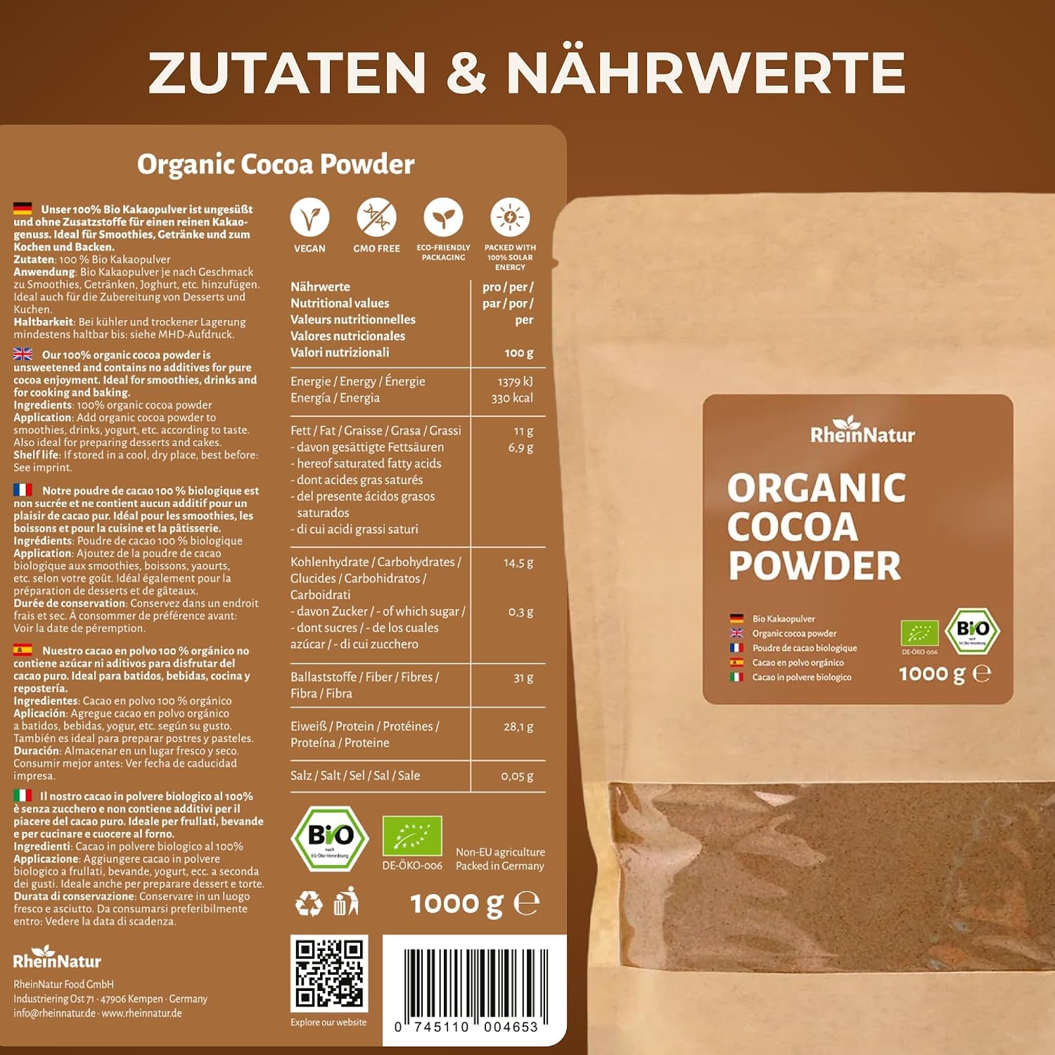 Detalle 2 de RheinNatur biologisch cacaopoeder 1 kg – 100% cacao, ongezoet