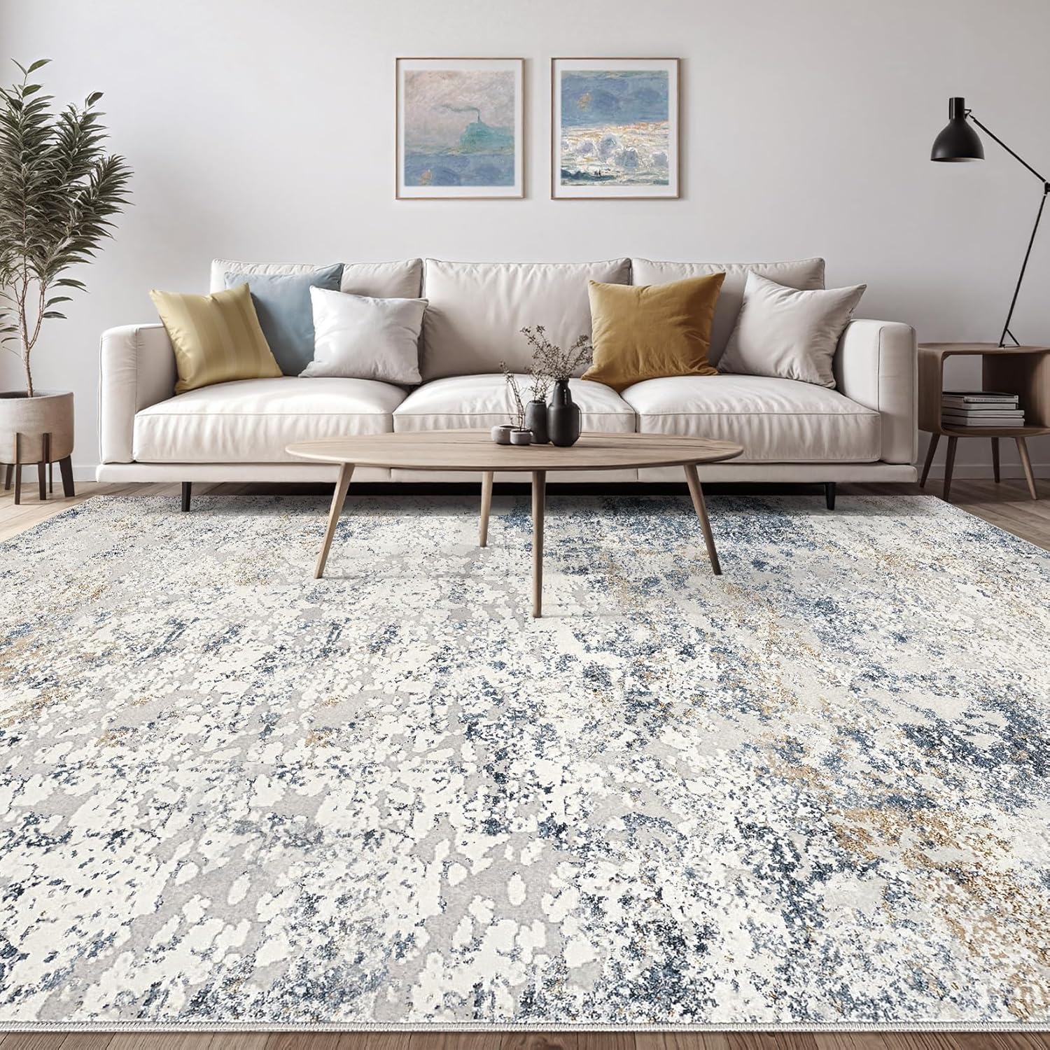Thumbnail 3 de DMOYEST 8x10 Abstract Low Pile Area Rug (Neutral Beige Blue) — Soft, Washable Indoor Carpet