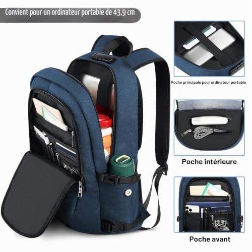 Detalle 2 de AMBOR Sac à dos pour ordinateur portable 17,3 pouces, antivol avec port USB