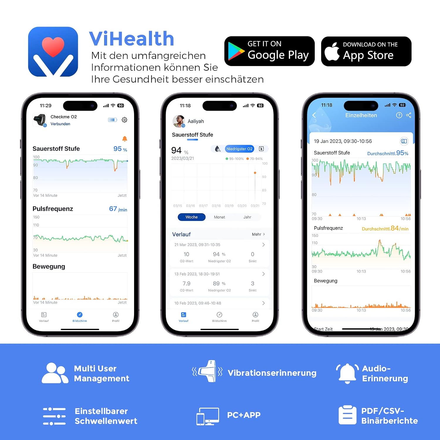 Detalle 1 de ViATOM Pulsioximetro Profesional polspulsoximeter met app en alarm