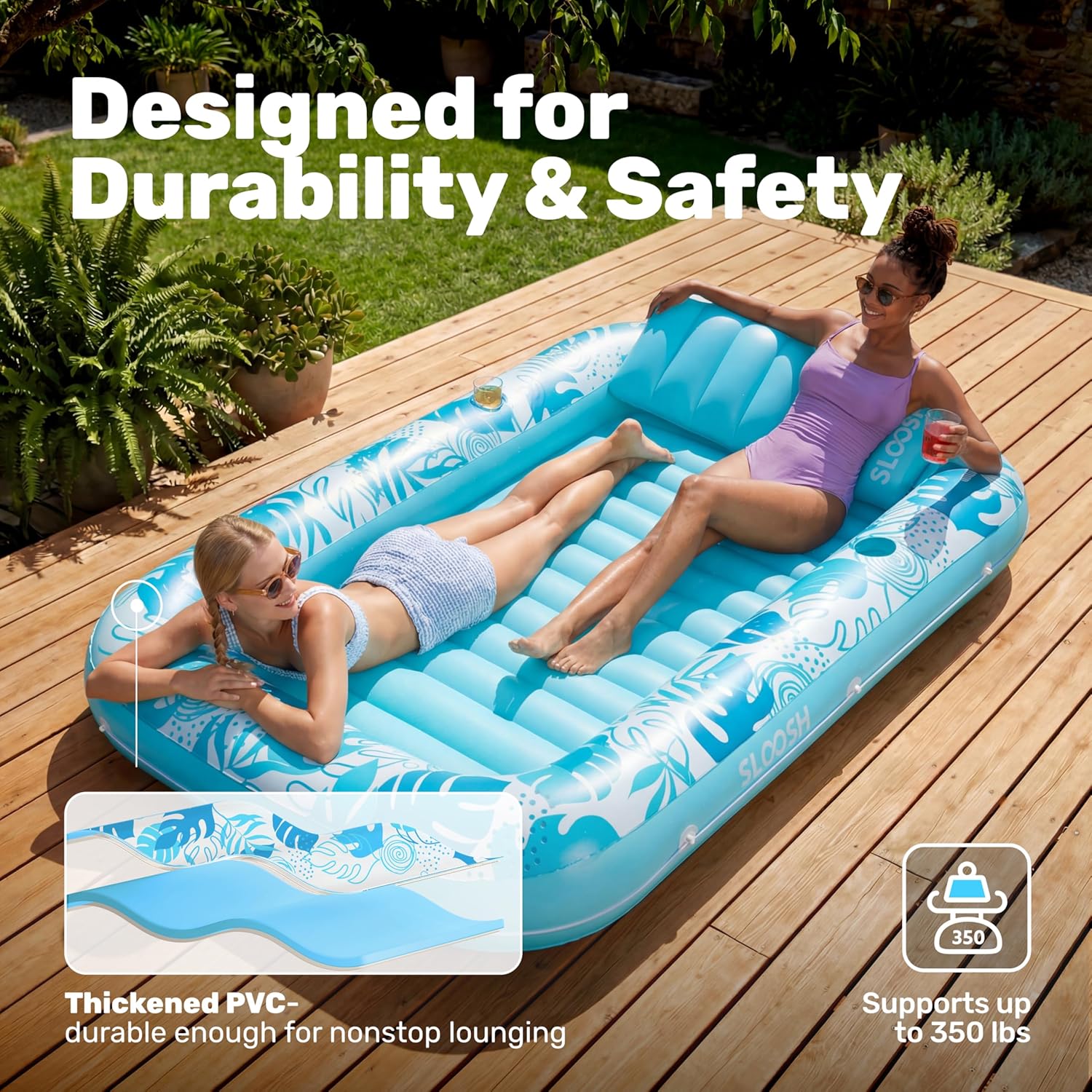 Detalle de SLOOSH Inflatable Tanning Pool Lounger Float – 85" x 57" XL with Pillow, Blue