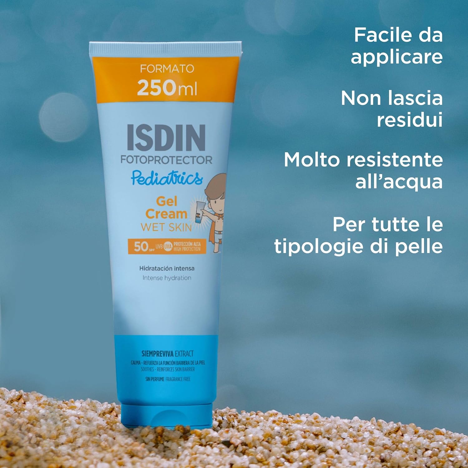 Detalle 2 de ISDIN Pediatrics Gel Cream Wet Skin SPF 50 (250 ml) – Protezione solare pediatrica per corpo, resistente all’acqua