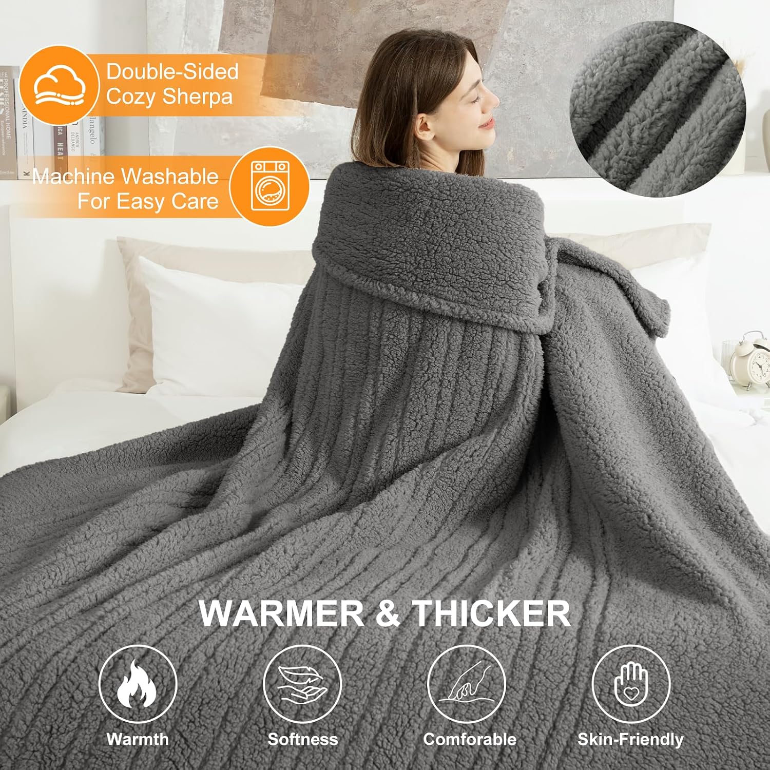 Detalle 2 de LUZARTA Full-Size Heated Blanket, 72" x 84", Sherpa, 6 Heat Levels