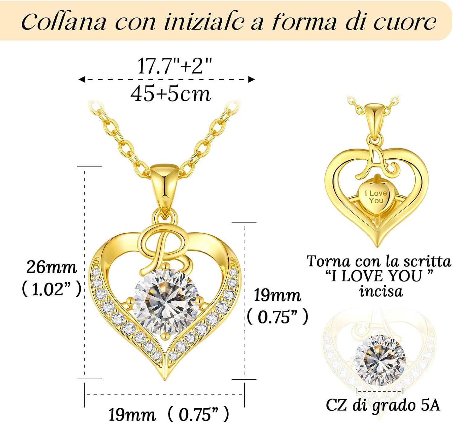 Detalle de LOUISA SECRET Collana Donna Lettere A-Z con ciondolo cuore in moissanite, rivestimento 18K oro/rodio, catena regolabile 45+5 cm