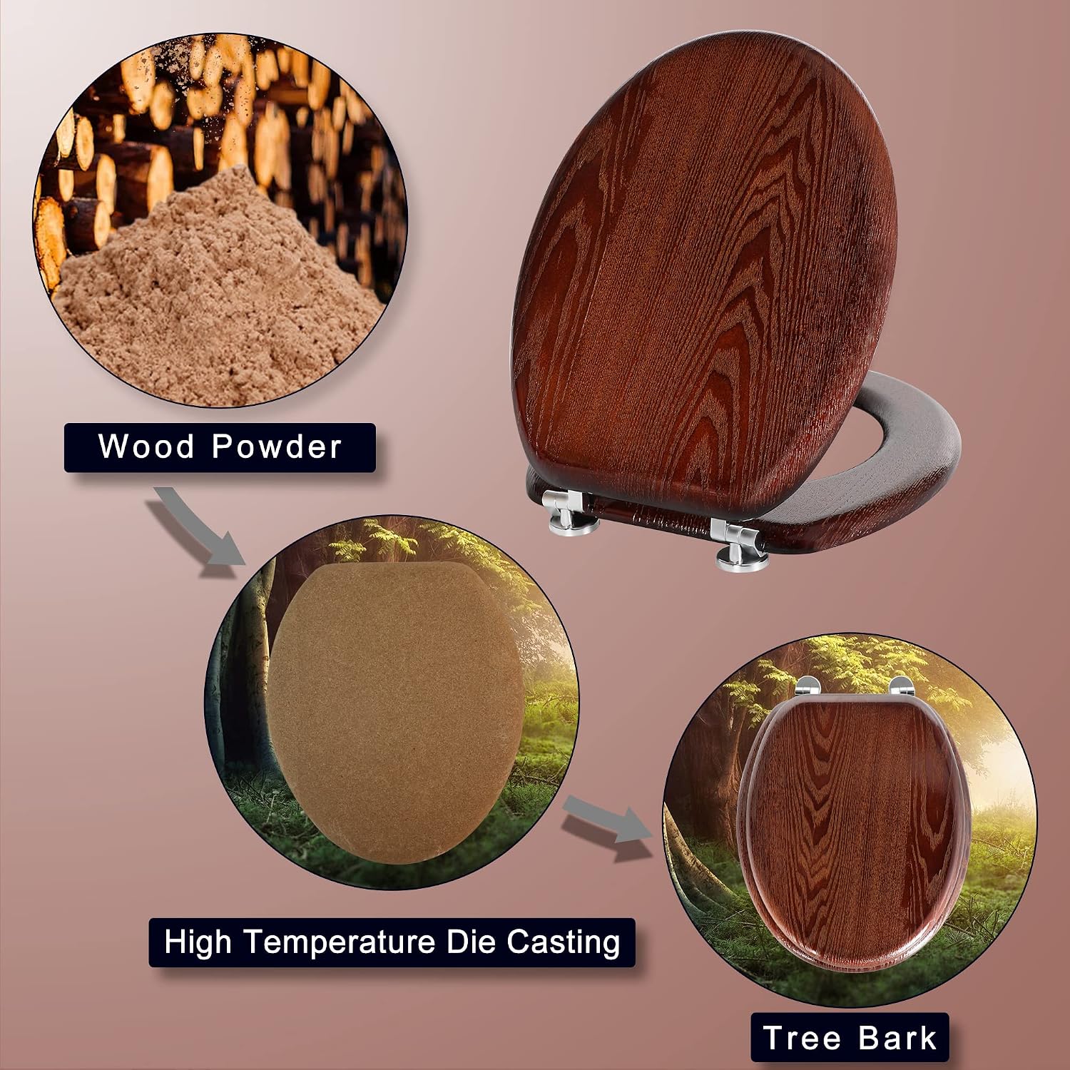 Thumbnail 4 de Angel Shield Natural Wooden Toilet Seat with Zinc Alloy Hinges (Dark Walnut) – Easy-clean, anti-pinch design